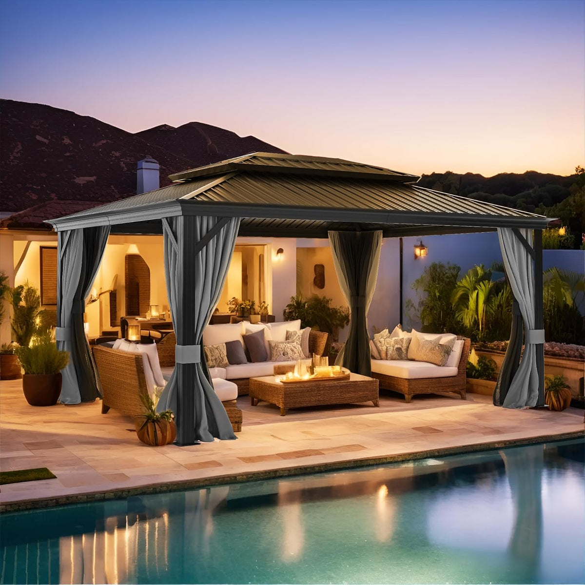 12' x 16' Hardtop Gazebo with Aluminum Frame and Gray Double Galvanized Steel Roof R149099