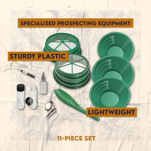 11-Piece Gold Panning Kit with Pans, Sieves, Tweezers, Glass Bottles, Sand Magnet L69047