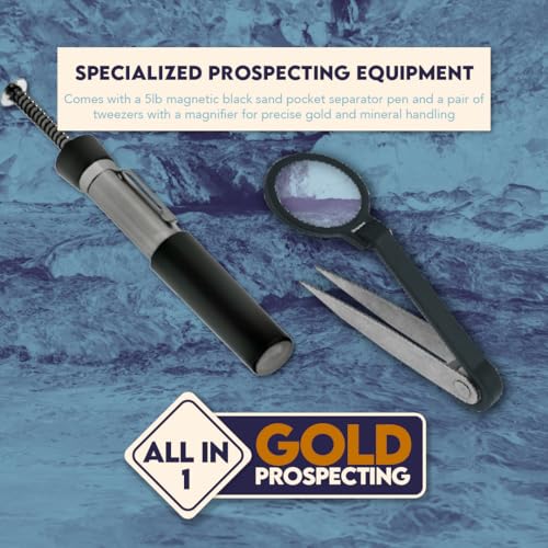 11-Piece Gold Panning Kit with Pans, Sieves, Tweezers, Glass Bottles, Sand Magnet L69047